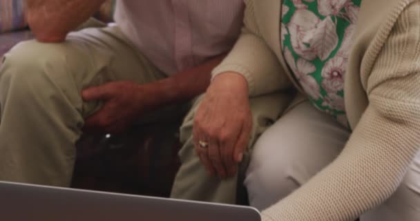 Starší Běloši Spolu Tráví Čas Doma Sedí Gauči Používají Notebook — Stock video