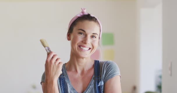 Portrait Caucasian Woman Spending Time Home Renovating Her House Social — Stock Video