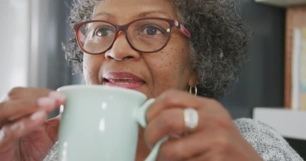 自宅で彼女の時間を楽しんでシニア混合人種の女性 お茶を飲みます 隔離されたロックダウンでの社会的距離と自己分離 スローモーションで — ストック動画