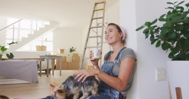 一名白种人妇女笑着举着杯子 一只狗慢吞吞地坐在她的腿上 呆在家里 整修她的房子 与外界保持距离 并自我隔离 — 图库视频影像