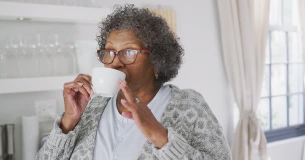 自宅で彼女の時間を楽しんでシニア混合人種の女性 お茶を飲みます 窓を通して見て 隔離されたロックダウンでの社会的距離と自己分離 スローモーションで — ストック動画