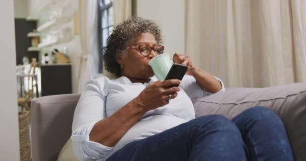Mujer Raza Mixta Mayor Disfrutando Tiempo Casa Sentada Sofá Bebiendo — Vídeos de Stock