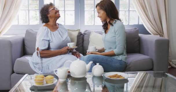 年长的混血儿喜欢呆在家里 与女儿共度时光 一起喝茶 在隔离中保持距离和自我隔离 动作缓慢 — 图库视频影像