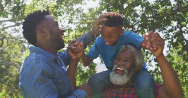 Familia Raza Mixta Multigeneración Disfrutando Tiempo Jardín Chico Raza Mixta — Vídeos de Stock