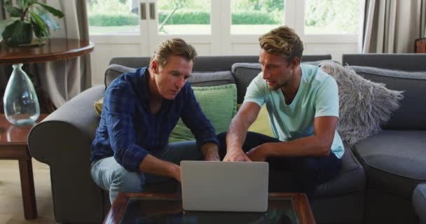 Caucasian Man Enjoying His Time Home Sitting Couch His Father — Stock Video