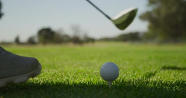 天気の良い日にゴルフ場でティーオフする準備をしている選手のゴルフクラブ スローモーションで — ストック動画