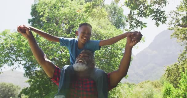 上了年纪的混血男子在花园里玩得很开心 孙子坐在他的肩上 手牵着手 慢吞吞地笑着 — 图库视频影像