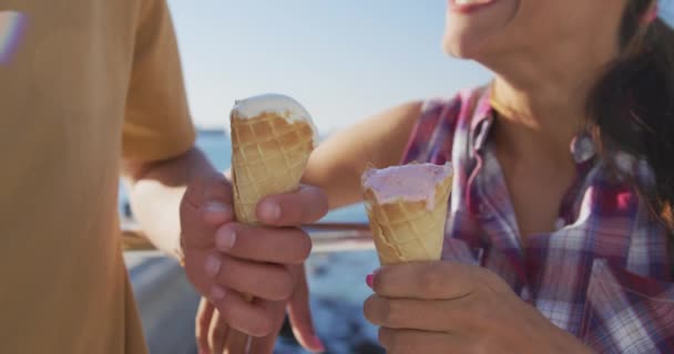 海でリラックスした幸せな若い大人の白人カップルの近くのサイドビュー一緒に座ってアイスクリームを食べ 日光に照らされ スローモーション — ストック動画
