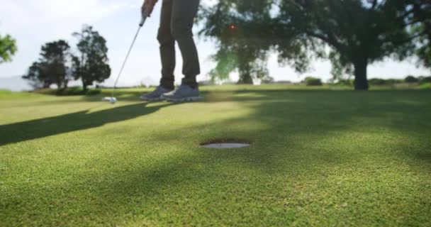 Güneşli Bir Günde Golf Sahasında Erkek Bir Golfçünün Bacaklarının Alçak — Stok video