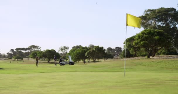 Vista Lejana Dos Golfistas Caucásicos Pie Campo Golf Día Soleado — Vídeo de stock