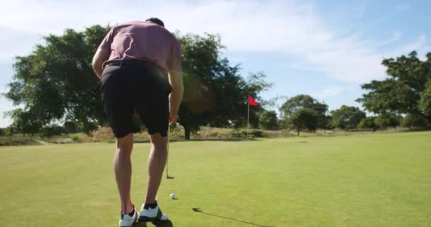 Achteraanzicht Van Een Blanke Mannelijke Golfer Die Knielt Een Golfbaan — Stockvideo