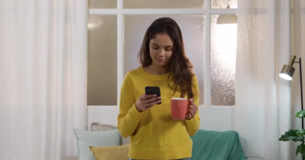 一名白人妇女呆在家里 与外界保持距离和自我隔离 被隔离 站在客厅里 用智能手机 拿着杯子喝酒 — 图库视频影像