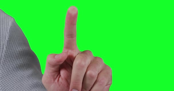 Close Caucasian Man Touching Virtual Interactive Screen His Finger Green — Stock Video