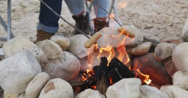 카프카스 지방에 가산에 모닥불 막대기에 소시지를 천천히 이면서 즐거운 시간을 — 비디오