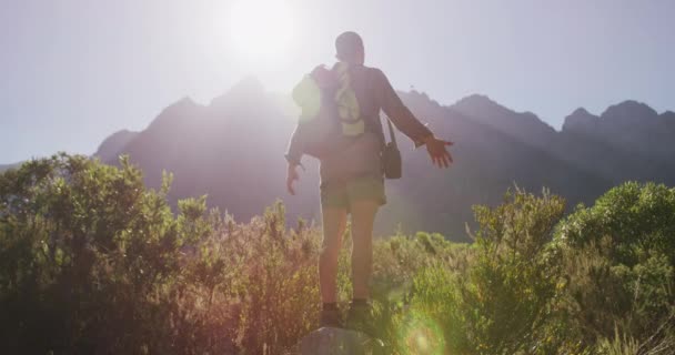 Tylny Widok Białego Człowieka Bawiącego Się Dobrze Wycieczce Góry Stojącego — Wideo stockowe