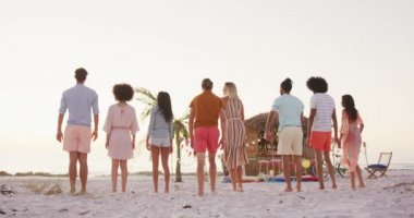 Günbatımında tropikal bir plajda eğlenen, dans eden, zıplayan ve ağır çekimde el kaldıran çok ırklı arkadaş grubunun arka görüntüsü.