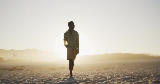 Вид Спереди Афроамериканца Наслаждающегося Временем Солнце Пляже Идущего Отводящего Взгляд — стоковое видео