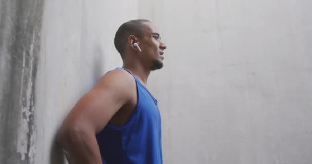 Side View Mixed Race Man Working Out Urban Area Taking — Stock Video