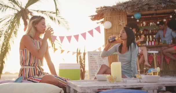 日落时分 一群混血的种族朋友在热带海滩共度佳节 坐在桌旁 慢慢地喝着酒瓶 享受着各自的欢乐时光 — 图库视频影像