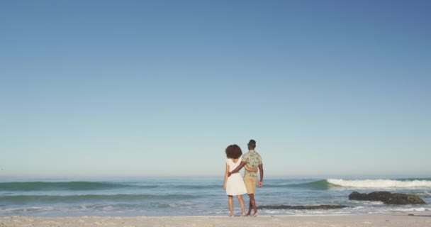 Вид Сзади Афроамериканскую Пару Наслаждающуюся Солнцем Тропическом Пляже Обнимающую Идущую — стоковое видео