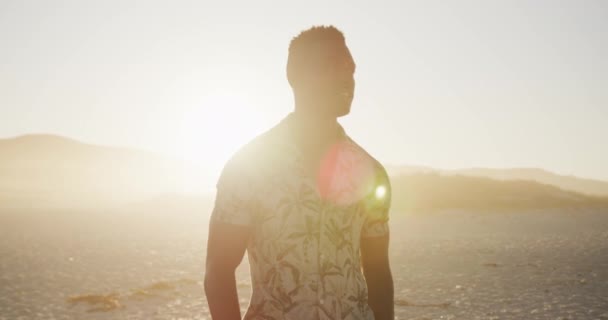 Vista Frontal Hombre Afroamericano Disfrutando Del Tiempo Sol Una Playa — Vídeo de stock