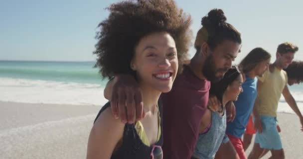 Vista Laterale Gruppo Multietnico Amici Che Godono Sole Una Spiaggia — Video Stock