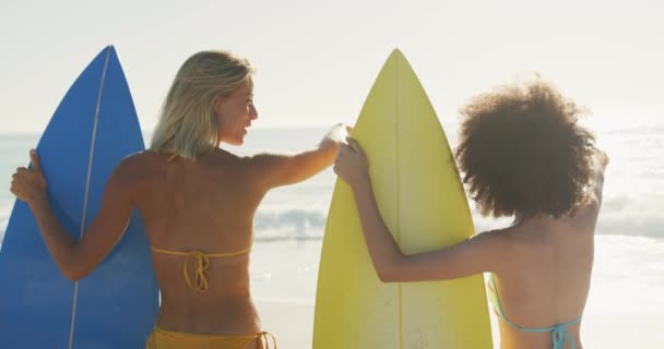 Bakifrån Blandras Kvinnliga Vänner Njuter Tid Solen Tropisk Strand Ler — Stockvideo