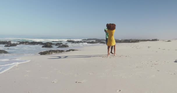 熱帯のビーチで太陽の下で時間を楽しんでいるアフリカ系アメリカ人のカップルの遠くのフロントビュー 手を握り スローモーションで — ストック動画