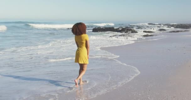 非洲裔美国妇女在热带海滩上享受阳光 慢吞吞地散步的背景图 — 图库视频影像