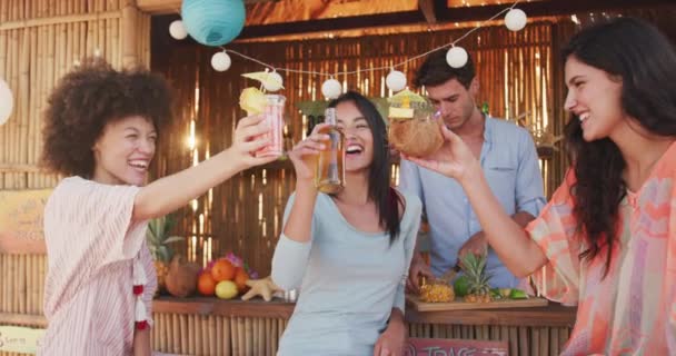 日落时分 一群混血的种族朋友在热带海滩共度佳节 站在木屋旁边 慢吞吞地笑着 举杯庆祝 — 图库视频影像