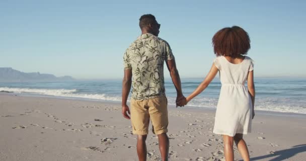 Visão Traseira Casal Afro Americano Desfrutando Tempo Sol Uma Praia — Vídeo de Stock