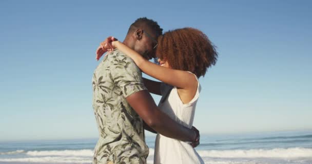 アフリカ系アメリカ人のカップルのフロントビューは 熱帯のビーチで太陽の下で時間を楽しんで 笑顔と感動的な額を受け入れ スローモーションで — ストック動画