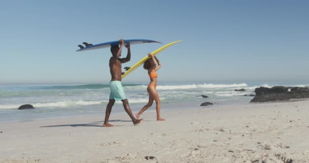 Vista Lateral Casal Afro Americano Desfrutando Tempo Sol Uma Praia — Vídeo de Stock