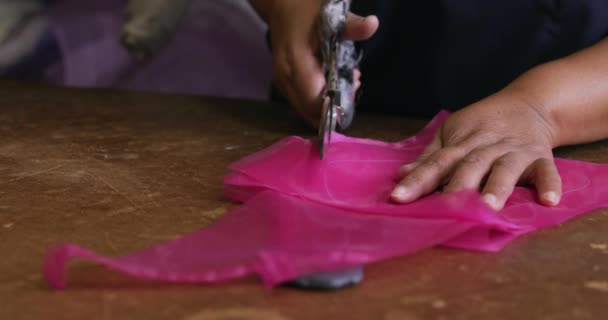 앞치마를 작업장에 공장에서 가위로 분홍색 물질을 절단하고 천천히 여성의 가까이 — 비디오