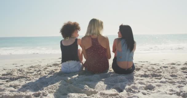 在热带海滩上 一群朋友在阳光下悠闲地坐着 微笑着 慢吞吞地聊天 回头看低矮的部分 — 图库视频影像
