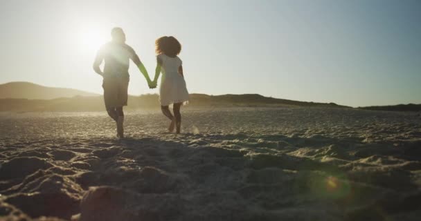 Vista Trasera Distante Una Pareja Afroamericana Disfrutando Del Tiempo Sol — Vídeos de Stock