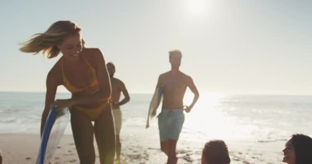 Vista Frontale Gruppi Multietnici Amici Che Godono Sole Una Spiaggia — Video Stock