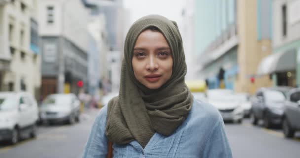 Portrait Mixed Race Woman Wearing Hijab Smiling City Sunny Day — Stock Video