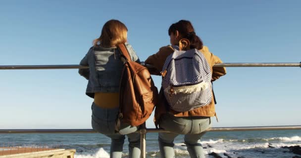 Achteraanzicht Van Een Blanke Een Gemengd Ras Meisje Genieten Van — Stockvideo