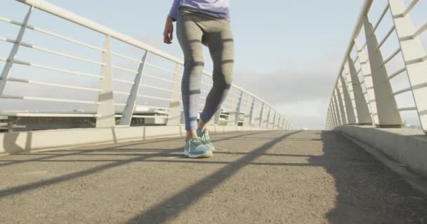 Low Angle Front View Mixed Race Woman Wearing Sportswear Hijab — Stock Video