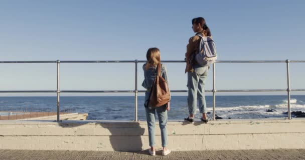 在阳光灿烂的日子里 一个白人女孩和一个混血儿在一起消磨时光 站在海滨长廊的栅栏边 背着背包 慢吞吞地站在一起的后视镜 — 图库视频影像
