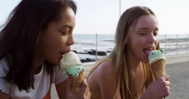 最好的朋友在一起在一个阳光灿烂的日子里 一个高加索人和一个混血儿在一起消磨时光 一边吃着冰激淋 一边在海边散步 慢吞吞地坐着 — 图库视频影像