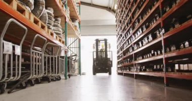 Kafkasyalı bir fabrikada çalışan, hidrolik ekipman üreten, sıkı bir şapka takan ve yelek giyen, ağır çekim depolama alanında forklift kullanan beyaz bir erkek fabrika işçisi..