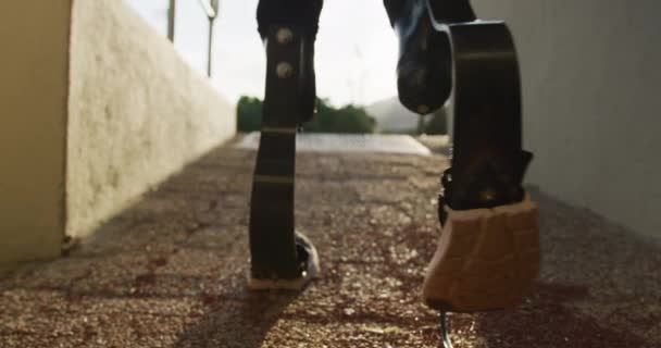 Fit Behinderter Mischlingshund Mit Beinprothese Läuft Zeitlupe Zum Sportstadion — Stockvideo
