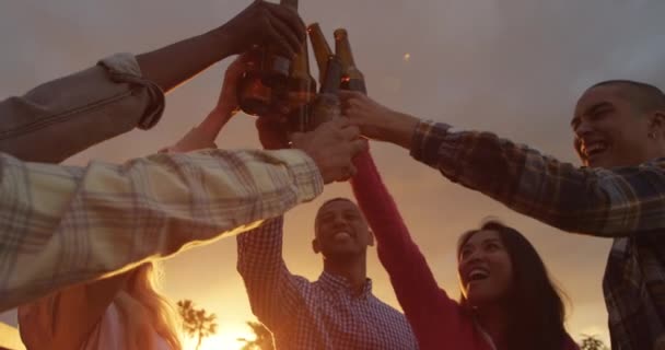 多民族の友人の屋根のテラスで一緒に ビールを飲み トーストを作り スローモーションでぶら下がっている — ストック動画