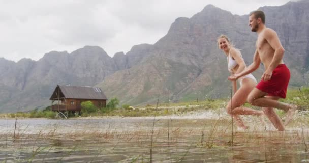 Caucasian Couple Having Good Time Trip Mountains Wearing Bathing Suits — Stock Video