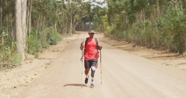 健康的 残疾的混血男子 享受登山之旅 在森林里散步 在阳光明媚的日子里 用北欧手杖 慢动作 — 图库视频影像