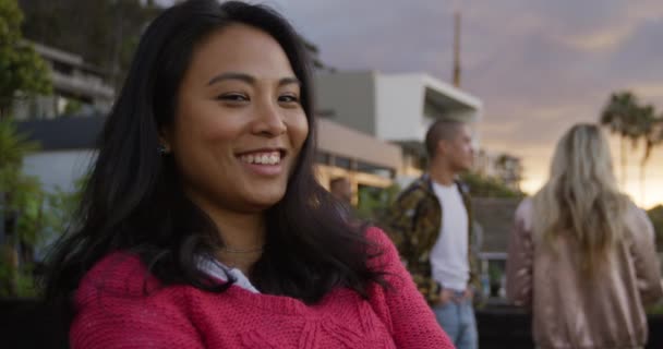 Portrait Asian Woman Hanging Out Her Friends Roof Terrace Cloudy — Stock Video