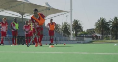 Melez bir erkek çim hokeyi oyuncusunun yan görüntüsü, maçtan önce antrenman, hokey sopası tutan bir topla koşmak, güneşli bir günde arka planda takım arkadaşlarıyla birlikte, ağır çekimde.