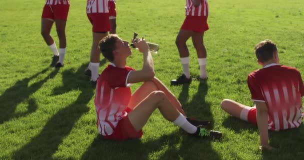 Sidovy Tonåring Vit Man Rugby Spelare Bär Rött Och Vitt — Stockvideo